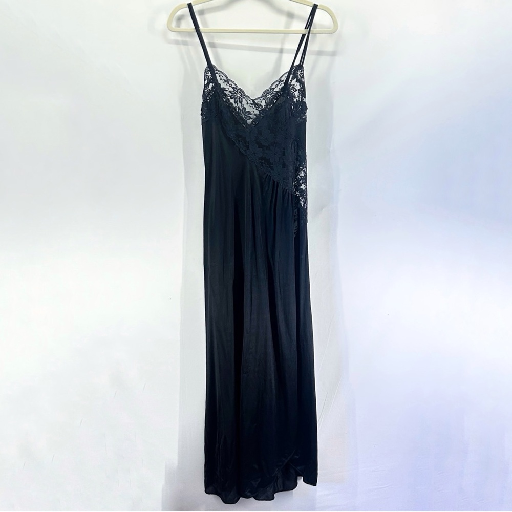 Vintage Black Lace Sheer Long Slip Dress High Slit Medium Whimsigoth Lingerie